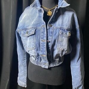 Women Cropped Denim Bomber Jacket - Medium Wash